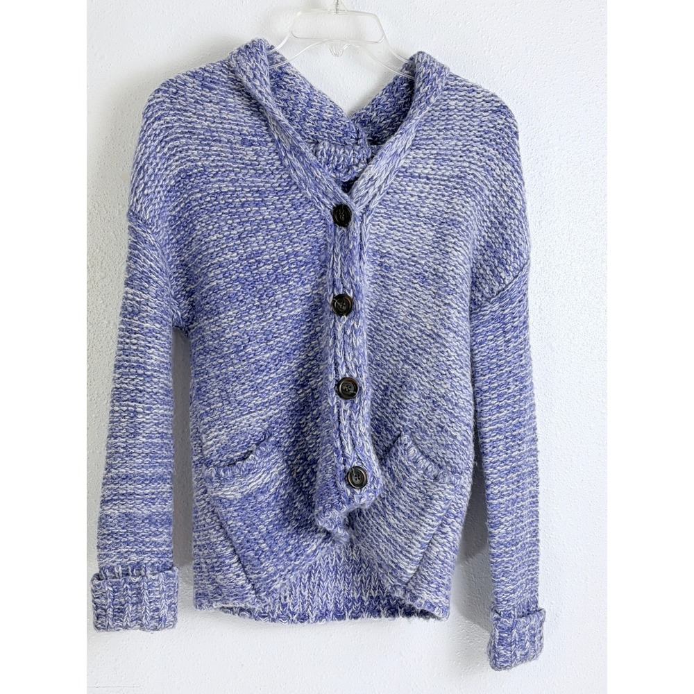 POL Cozy Blue White Marl Chunky Knit Hooded Cardigan Large Fall Layering Cozy